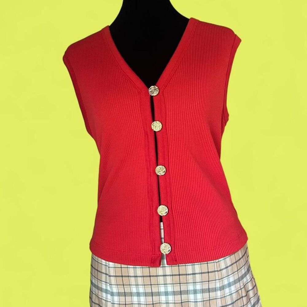 H&M Red Ribbed Knit Button Front Vest Gold Buttons Size M